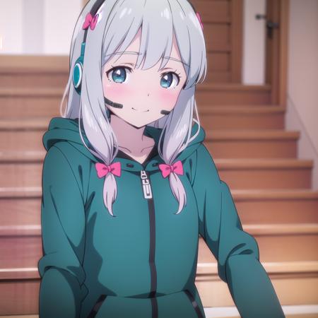 best quality, (masterpiece:1.2), highly detailed, indoors, stairs, anime style,
1girl, solo, <lora:chara_Eromanga-sensei_Sagiri_v1:0.7>, sagiri, happy, closed mouth, blush, looking at the viewer, standing,
grey hair, long hair, multicolored hair, blue eyes, green jacket, hood, headset, pink bow