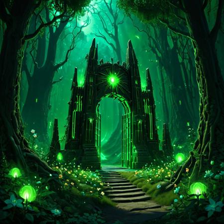 masterpiece, best quality, amazing quality, very aesthetic, electricity, green glow, green theme,
A glowing necron gateway, 
In a fairy glade, tiny delicate fairies flying around, flowers, surreal contrast between the natural beauty of the trees and flowers and the brooding gateway