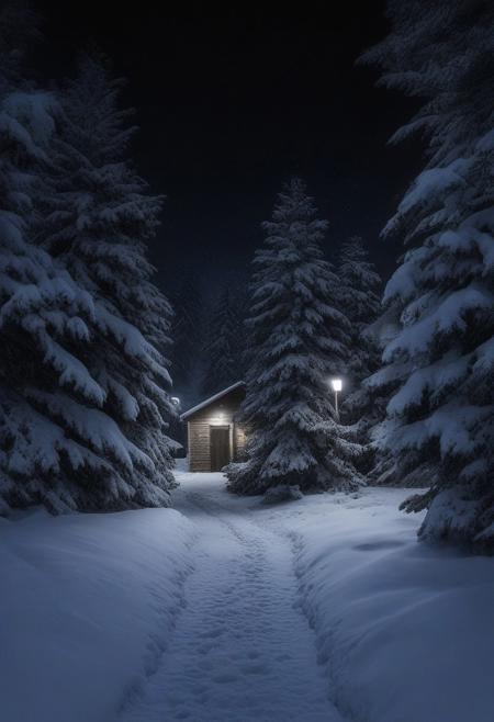path to the bathhouse, 
cleared snow, 
night, 
snow, 
fir tree, 
black background, 
blizzard