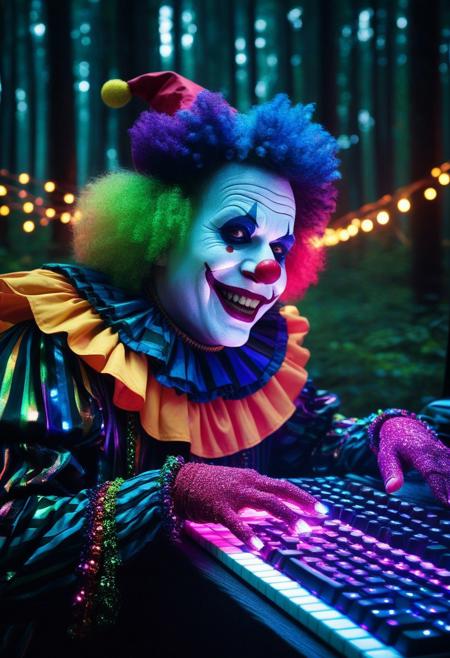 masterpiece, extremely detailed, sharp outlines, high contrast,  fine details, intricate, made ral-smlvltnpls  RGB Keyboard themed clown at computer, forest,  intricate background, bokeh,  inspiring, moody lights, digital magic dust enchantment. neoclassical art style, Made of enchantment music made out of iridescent