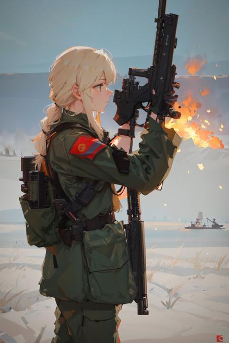 militaryru, masterpiece, best quality, absurdres, 1girl, battlefield, ruins, (fire, fog), ((from side)), profile, holding gun, assault rifle, kalashnikov rifle, akm, ak-47,
techwear jacket, black gloves, long hair, braid, serious, (aiming), (mechanical arms) russian flag,  <lora:militarytyan:1>, military uniform, military, soldart, body armor, green military uniform, green clothes,