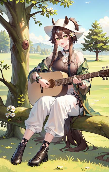 ((masterpiece, best quality, high resolution)),
BH, BardHolidayOutfit, instrument,  flower, sitting, tree, solo, 1girl, open mouth, smile, outdoors, music, playing instrument, white flower, :d, holding, in tree, nature, birds, day, holding instrument, full body, lute \(instrument\), sitting in tree
<lora:ArknightsMeteorv1:0.8>