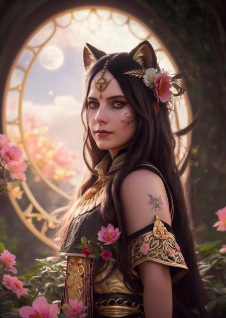 best quality, ultra-detailed, illustration, 1girl, black long hair, red eye, wolf ears, black mantle, fluffy collar, forest, moon, sketch, full body, highest quality, skin texture, intricate details, (cinematic lighting), RAW photo, 8k, (symmetry:1.1) (portrait of floral:1.05) a woman as a beautiful goddess, (assassins creed style:0.8), pink and gold and opal color scheme, beautiful intricate filegrid facepaint, intricate, elegant, highly detailed, digital painting, artstation, concept art, smooth, sharp focus, illustration, art by greg rutkowski and alphonse mucha, 8k