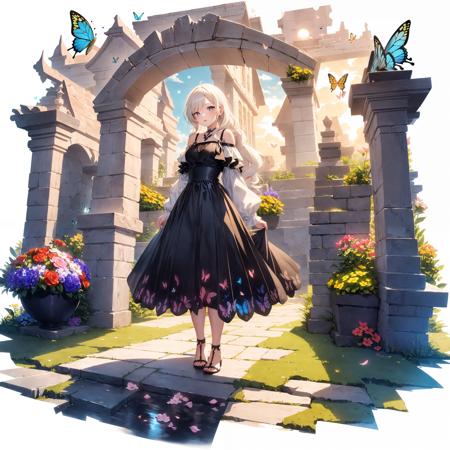 [(white background:1.5)::5], hexagon,
1 girl, mid shot, full body, 
butterflies, flowers,floating petal,stone fragment,  beautiful detailed water,cloud,sun,dusk,sunset,beautiful detailed gate,