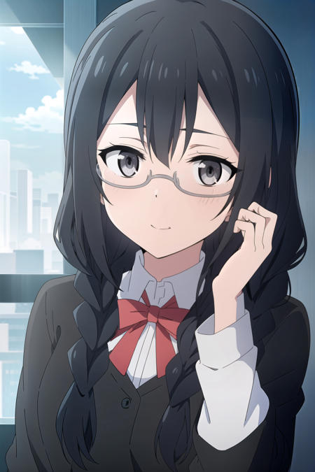 <lora:Nakagawa_nana-000015:0.6> grey eyes,Braid hair,black hair,glasses,(),(animated)detailed eyes,