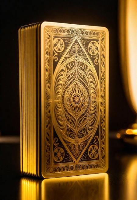 super realistic, glitter, extreme detailing, artistic look, a line of many metallic playing cards made from titanium sheets coated with gold and gold luminance, lustrous shiny,  intricate details, (floating upright in airt:1.2) on a smooth black mirror surface, reflections, volumetric lighting, 8k UHD, QHD, ultra-sharp, ultra-detailed, refraction, ray tracking, (((silhouette lighting, golden glow, royal quality, Victorian artistic touch)))