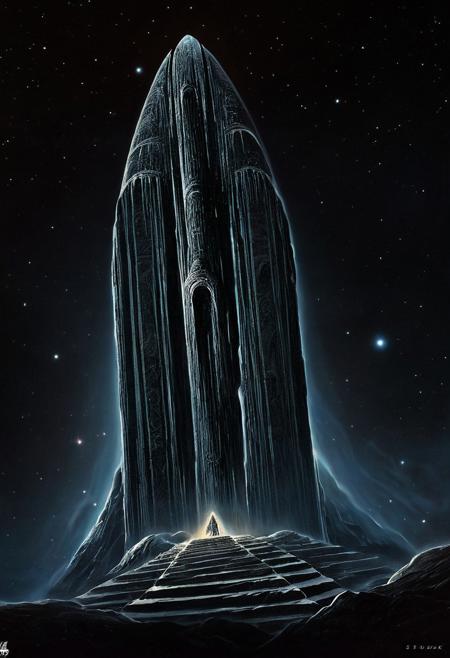 The depiction of the unimaginable inevitable endless cosmic horror coming from the deadly void of space in the form of the giant irritating ethereal undescribable ancient monolith, high quality, detailed, intricate details, masterpiece, by siudmak