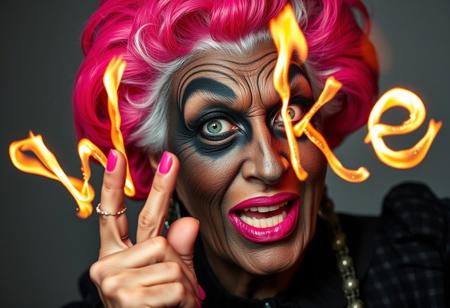 A very old drag queen girl with black makeup and pink nails, looking like she just failed something, shaking her head, drawing the letters "Woke" using flamess, in the air, with a finger, photo by helmut newton