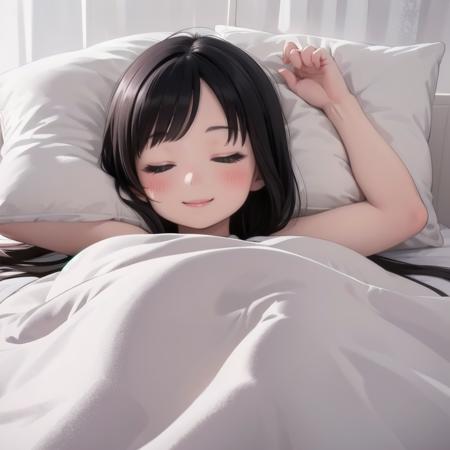 best quality, ultra-detailed, illustration, smile, 1girl, solo,
closed eyes, black hair, pillow, sleeping, bed, lying, smile, blanket, under covers, lips,
 <lora:goodsleep_SD15_V3_DIM4:0.6>