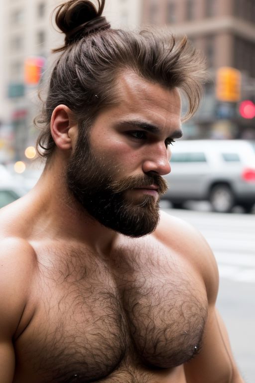 A close-up photo of a handsome hairy fit american bear man, in new York, messy bun hair