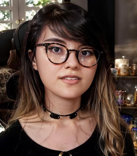 a beautiful picture of j34nni3, masterpiece,glasses, photorealistic, detailed, 4k, HDR, backlighting, bloom, light, RAW color photo, wearing a black shirt, (fully in frame:1.1), detailed skin texture, (blush:0.5), (goosebumps:0.5) background <lora:j34nni3-20:0.9>