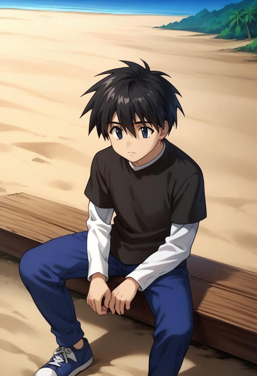 score_9, score_8_up, score_7_up, source_anime, highly detailed, 

ikuto, 1boy, male focus, solo, black hair, hair between eyes, black eyes, shirt, black shirt, white shirt, short over long sleeves, pants, blue pants, sneakers,

outdoor, island, palms, sit, beach
