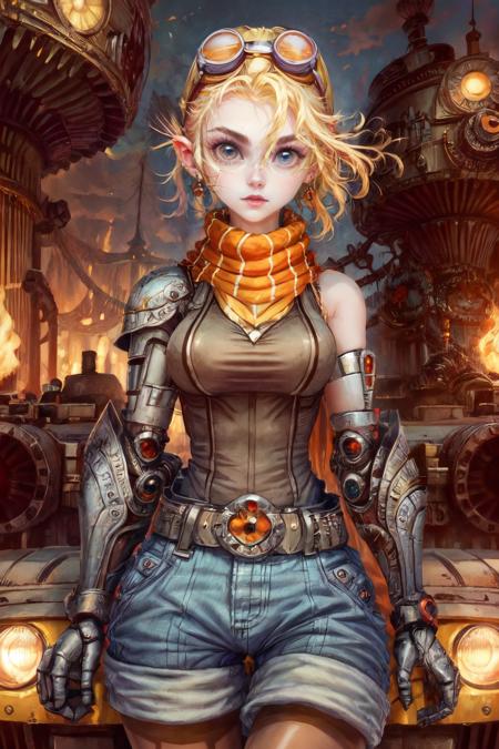 1girl, solo, looking at viewer, colorful, darl background, yellow theme,  tank at background, detailed eyes, detailed face,  <lora:add_detail:1>, <lora:Iridescence:0.75>, <lora:Lolita-Steel_Elf:0.8>, lolita_se, blue shorts, blue eyes, short hair, blonde hair, striped pantyhose, mechanical arm, scarf, googles,