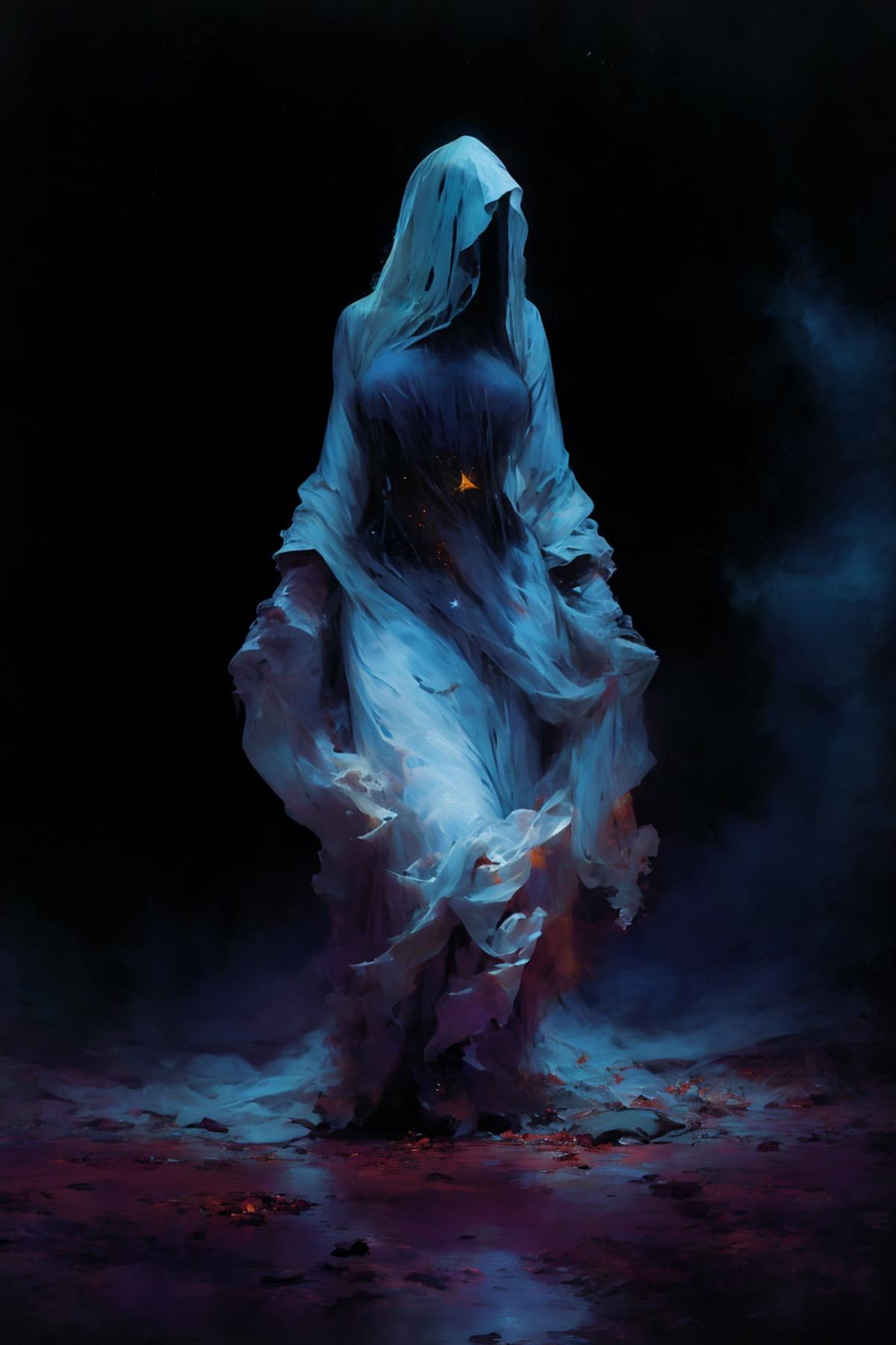 A dark and mysterious painting of a woman in a flowing dress.