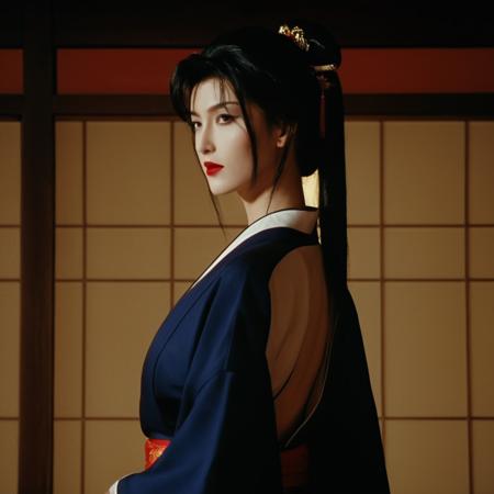 cinematic film still of  <lora:Ninja Scroll style xl v1:0.1> <lora:Benisato xl v1:0.9>
Benisato In 1990's Japanese anime film style a woman in a kimono outfit looking at something, perfect image, perfect body, perfect anatomy, sharp image, detailed image, cinematic style, high quality color style, Ninja Scroll style, cartoon style, Benisato style, beautiful and seductive woman style, solo, long hair, black hair, hair ornament, japanese clothes, indoors, kimono, mole, makeup, portrait, lipstick, mole under mouth, red lips, hair stick, sidelocks, retro artstyle, 1990s (style), medium shot, sided, white skin, shallow depth of field, vignette, highly detailed, high budget, bokeh, cinemascope, moody, epic, gorgeous, film grain, grainy