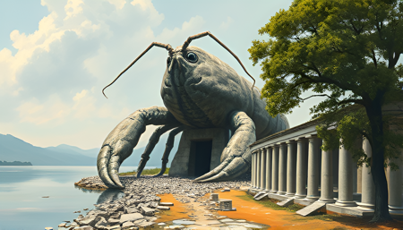 Giant stone statue of lobster emerging from lake, claws touching ground. There is a narrow door underneath it. Rubble scattered everywhere, row of columns leading to it. Trees in foreground and background. Oil painting.