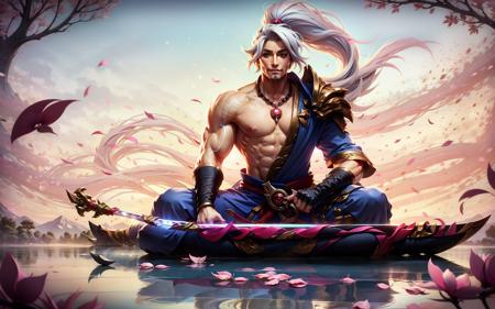 a man sitting on a boat with a sword in his hand and a pink flower in his hand, with a sky background, (1boy:0.992), (abs:0.818), (bara:0.500), (cherry blossoms:0.999), (dark-skinned male:0.551), (dark skin:0.542), (falling petals:0.766), (flower:0.577), (jewelry:0.698), (long hair:0.806), (male focus:0.991), (muscular:0.891), (muscular male:0.515), (necklace:0.738), (pectorals:0.673), (petals:1.000), (petals on liquid:0.990), (sky:0.525), (solo:0.926), (water:0.948), (white hair:0.804), (wind:0.505)