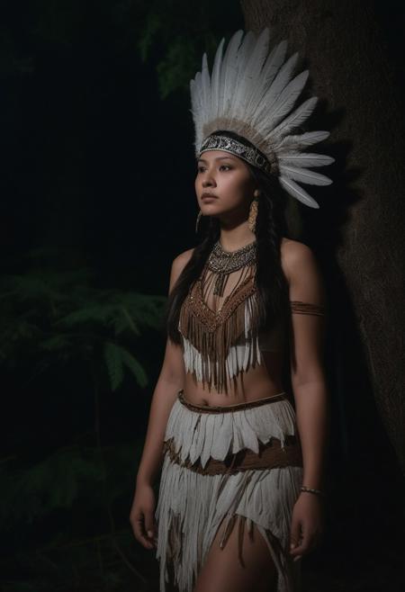 native princess wearing a amour and dress and headress while standing in a ancient forest at night