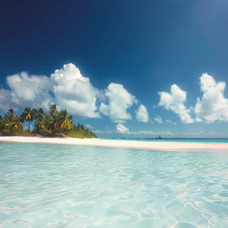 perfect carribean beach, into infinity, distant clouds on the horizon, perfect, pine trees, palm trees, barbados