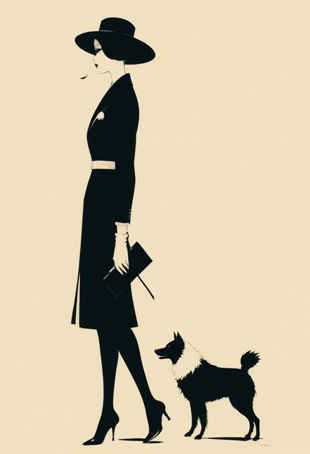 (sensational parisian by (george hoyningen-huene and steve henderson)<toc haute couture fashion, composition masterfully embodies sensuality and style, tan skin contrasts bright sexy fashion>, woman in sexy haute couture walks her funny little japanese spitz, beautiful, prim, profile) reimagined in vivid pop art satire, striking simple composition, simplicity, minimalism, sotheby's art, most original, weird, test sketch figure, as seen from the side, layers of diminishing detail create a sense of depth from basic two-dimensional forms