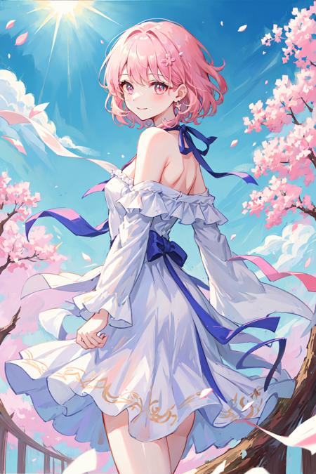 1girl, solo, dynamic angle, dynamic hair, masterpiece, best illustration, beautiful-detailed eyes, cinematic light, colorful, shine, ultra detailed, beautiful detailed sky, disheveled hair, glow white particles, small breast, pink_short_hair, curly hair, pink_eyes, spring, standing, white_off_shoulder_dress, sky, sun light, hair flows upsides, clother flows upsides, expressionless, falling cherry blossoms, clear sky, walking on street, brightness pupils, charactor focus, looking viewer, light smile, light from behind, earring, hair cilp, from front