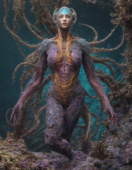 cosmic horror, biopunk creature, body-horror, human deformed parts, monster in depth of sea, colorful multicolored rainbow flesh, horror, dark, veiny skin, sea bottom ruins background, best quality, high resolution, correct proportions, natural proportions, intricate textures, beautifully detailed, sharp and clear textures,, best quality, hyperrealistic, high resolution, 8k, perfect color balance, photorealistic, masterpiece, correct and natural proportions, intricate textures, detailed elements in both background and foreground (foreground details subtly blended:0.2), expansive depth of field, cinematic lighting, epic and extremely detailed setting, lifelike details, ultra-realism, soft and natural color tones, seamless integration of elements, professional-grade rendering, true-to-life realism, beautifully balanced composition, precise attention to detail, highly refined and polished.