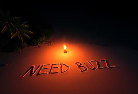 aerial view of tropical desert island beach in night. There is written text on beach sand with fire by a survivor "NEED BUZZ"