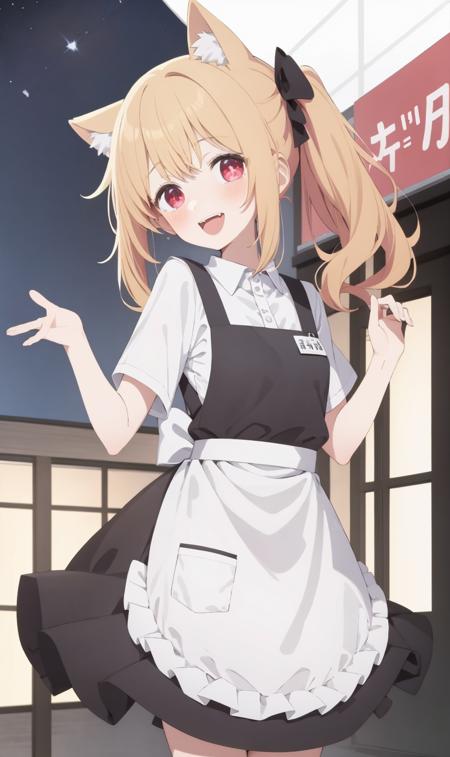 1girl,  solo, smile, open mouth, blush, looking at viewer, sky, night, close-up, apron, portrait,  stage lights, cinematic light, side ponytail,  <lora:rubylocon_v1:0.8:Loha_chara> <lora:urotsukiloha-000020:0.5>