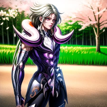 masterpiece, best quality, highres, solo, 1girl,white hair,red eyes,detailed background,medium breasts,fingerless gloves ,<lora:more_details:0.8>, pauldrons , <lora:aries:0.9> ,cherry blossoms, outdoors,standing, field,shoulder armor,(ultra detailed:1.0),(RAW photo:1.0), HDR, photography, Kodak Portra 400, film grain, blurry background, vibrant color,focused face, detailed face,symmetric eyes, visible lips,alter,purple armor