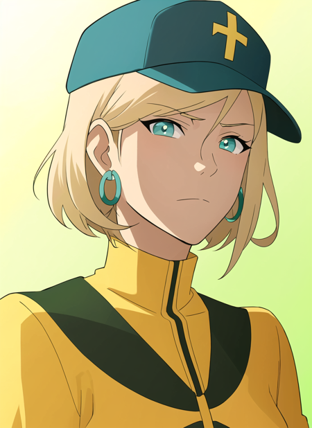 the legend of korra, masterpiece, best quality, 1girl, aqua eyes, baseball cap, blonde hair, closed mouth, earrings, green background, hat, hoop earrings, jewelry, looking at viewer, shirt, short hair, simple background, solo, upper body, yellow shirt,  <lora:the_legend_of_korra_offset:1>