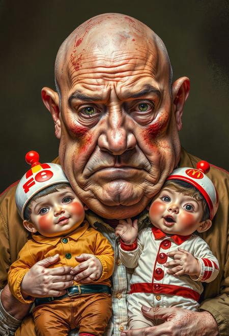w1z_7r1ppy_d33t5,. extremely detailed and trippy. A fat, ill-looking, middle-aged bald man with blotchy, mottled skin. Unhealthy. Heavily lined face. He is holding two fat children dressed as fast-food restaurant mascots.