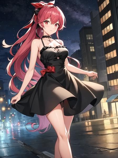 masterpiece, best quality, highres, extremely detailed CG unity 8k wallpaper,
illustration of dskasumi, long hair, ponytail, hair ribbon, black frilled dress, choker, bare legs, city street, night sky, detailed background,
<lora:dskasumi_e1:0.75>