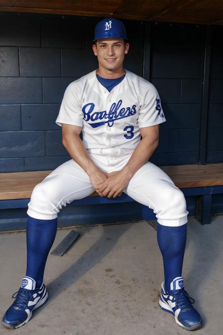 outdoors, baseball field, (in baseball dugout), dirt floor, (sitting on wooden bench), chainlink fence wall, HaydenRichards is a baseballplayer, slight smile, baseball uniform, (blue helmet), blue jersey, white pants, (gray socks), long socks, (black sneakers), looking at viewer, masterpiece, ((full body portrait))  <lora:HaydenRichards:0.8>  <lora:Clothing - Sexy Baseball Player:0.6>