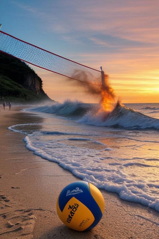 Create a scene of a vibrant beach volleyball court at sunset, where a multicolored volleyball is at the center. The ball is engulfed in dynamic, swirling flames on one side and icy blue water energy on the other, as if the elements of fire and water are battling for control. The beach sand and waves are in motion, with the ball floating above, showing both flames and water flowing outward. In the background, the volleyball net is slightly swaying in the wind, and the sunset reflects off the water. Everything in the scene, from the ball to the waves and fire, should appear dynamic and alive with energy.
Bitte drei Bilder in 19:6