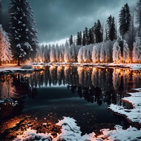 Wide angle photo of a lake, winter, night time <lora:JourneyLoRA:1>, (good composition), (in frame), centered, 8k, 4k, detailed, attractive, beautiful, impressive, photorealistic, realistic, cinematic composition, volumetric lighting, high-resolution, vivid, detailed, stunning, professional, lifelike, crisp, flawless, DSLR, 4k, 8k, 16k, 1024, 2048, 4096, detailed, sharp, best quality, high quality, highres, absurdres