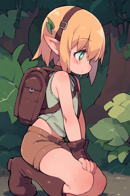 5 fingers, score_9, score_8_up, score_7_up, score_6_up, score_5_up, score_4_up, source_anime, side view, jungle, outside, moss, tree, leaf, female, solo, humanoid, elf, humanoid pointy ears, green eyes, white pupils, blonde hair, short hair, looking aside, flat chested, on one knee, green tank top, brown shorts, leather harness, brown boots, backpack