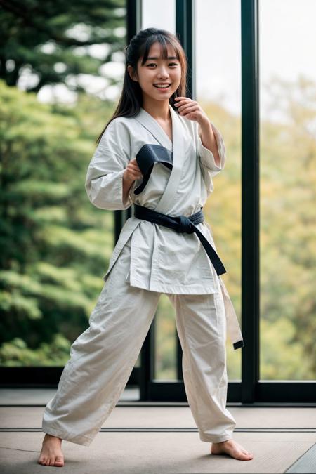 full body, photo of a 20-year-old japanese girl, practicing martial arts, happy, laughing, ray tracing, detail shadow, Porta 160 color, shot on Fujifilm X-T4, 85mm f1.2, depth of field, bokeh, sharp focus on subject, motion blur, <lora:add_detail:1>