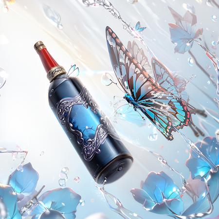 masterpiece, best quality,guochao\(style\), butterfly, bug, blue butterfly, flower, blue flower, no humans, still life, blurry, water drop, white flower, depth of field, glint, bottle, liquid, glass, water, sparkle, chain, light particles <lora:guochao-000006:0.7>