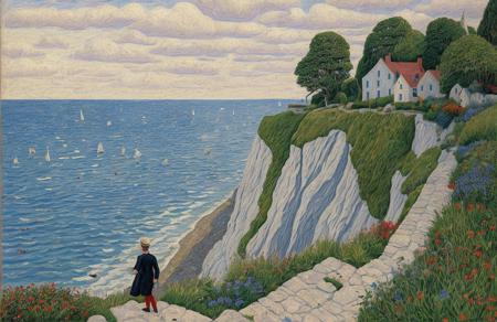 style of Henry Moret, patch ,terrace ,yard , Cliff/Bluff , scene painting,scenery,a painting,