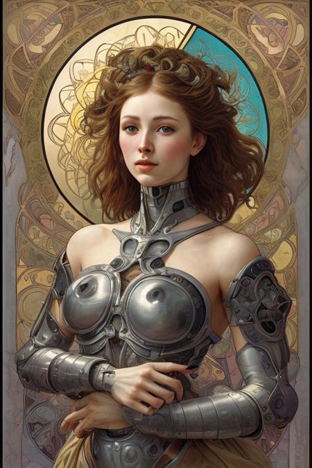 Cyborg android, fantasy, pre-raphaelite style, sinozick, Alphonse Mucha, Agostino Arrivabene, Peter Mohrbacher