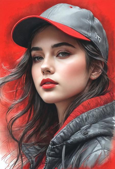 #Pastel, #drawing with dry chalk, #crayons on paper, #hatching with chalk, #drawing with chalk, #tinted paper, #drawing with colored chalk, Poster, sketch, close-up, sketch, fine lines and shading, Dark-haired girl with long, delicate strands wearing a red baseball cap and a red jacket, gazes despairingly downwards, strands of hair obscuring part of her face, contrasted by a soft sidelight highlighting her features, strands of hair, red cap, red jacket , downward gaze, ultra HD, realistic, vivid colors, highly detailed, UHD drawing, pen and ink, perfect composition, beautiful, detailed, intricate, insanely detailed art by Giovanni Boldini, Andrey Atroshenko, Tanya Shatseva, Ross Tran, Anna Razumovskaya,
style-sylvamagic, Style-Autumn, style-sylvamagic, Style-Autumn,