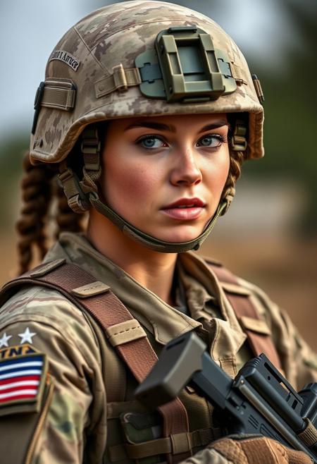 "I can do all things through Christ who strengtheneth me." Professional photo of a female American soldier in combat.
