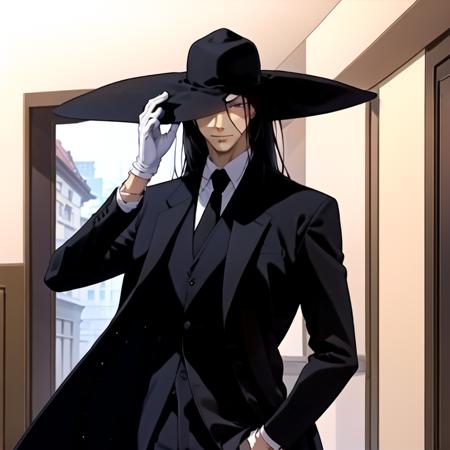 (masterpiece, best quality:1.2), holding hat, 1boy, tall, holding hat, slender, black tie, suit, black overcoat, long overcoat, (((closed overcoat:1.1))), black hat, large hat, pale skin, long hair, black hair, white gloves, purple eyes, closeup shot, looking at viewer, blue sky, temple, forest  <lora:KuroudoAkabaneOverbaked:0.9>