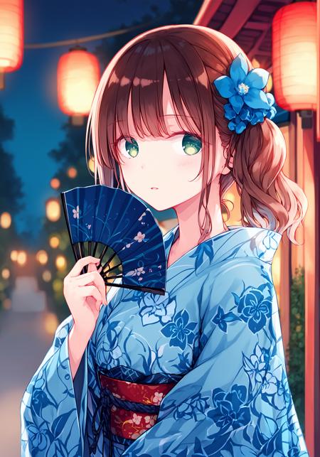 hiten \(hitenkei\),score_9, score_8_up, score_7_up,
1girl,solo,long hair,looking at viewer,blush,bangs,brown hair,long sleeves,green eyes,upper body,outdoors,parted lips,hair flower,side ponytail,night,depth of field,blurry background,obi,floral print,hair scrunchie,blue flower,yukata,blue kimono,holding fan,paper lantern,uchiwa, 
masterpiece,best quality, amazing quality, very aesthetic,absurdres,
<lora:happynewyear_pony_v3_munoise_6e4-000006:1>