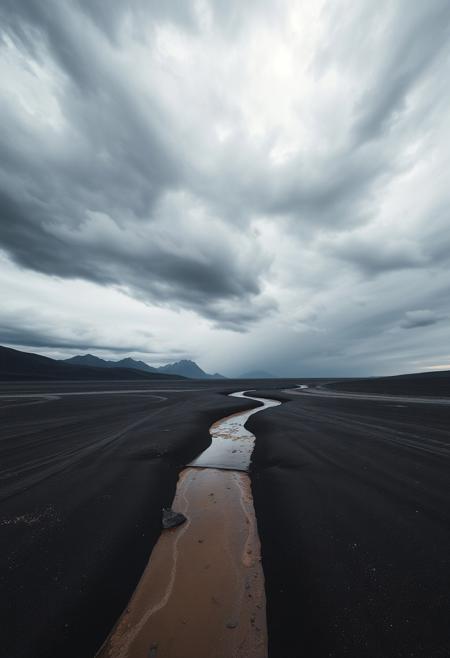 render of a black sand desert with a large brown river running through it, a dark grey stormy sky in the background, a low camera angle, and high contrast, dramatic clouds