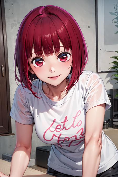 best quality, masterpiece, portrait, close-up,
arima kana,red hair, red eyes, bob cut, blunt bangs, short hair, small breasts, (looking at viewer:1.3), indoors, t-shirt, smile,
<lora:Kizuki - Oshi no Ko - Arima Kana:0.9>