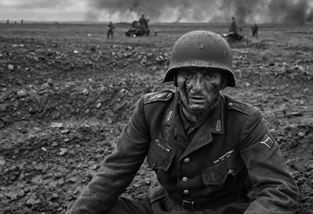 1 man, world war 2 soldier on the Eastern Front, (dying), (explosions), face in shadows, black and white, bleeding out, exhausted, German Soldier, Stahlhelm helmet, muddy field, bleak landscape, last moments, <lora:Desolation:1.1>