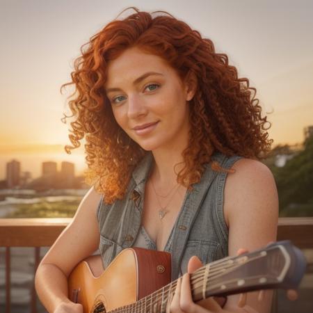 BEAUTIFUL RED HEAD WOMAN,ULTRA REALISTIC,MACRO PHOTO,ULTRA DETAILED FACE,ULTRA DETIALED SKIN,ULTRA DETAILED TEXTURES,EXTEREME CLOSE UP,CURLY HAIR, BIG SMILE,BEAUTIFULL BLUE EYES,HAIR SUN LIGHT,BEAUTIFULL FINGERS,BEST GUITAR STRINGS,Sunrise, early morning light, vibrant warm colors, realistic style,soft lines, dynamic composition, natural scenery, inviting, musical diversity, harmony, balanced elements, cohesive color schemes, subtle textures, lighting effects, highlight key features. <lora:epiCRealismHelper:0.8>,HIGH DEPTH OF FIELD,HIGH CONTRAST,EPIC PHOTOGROHY,EPIC REALISEM PHOTO,PROFESSIONAL PHOTOGRPHY,BEST LIGHTING TECHNIQUES,8K RESULOTION,HIGH DETAILED PICTURE,HIGH RESULOTION PICTURE,BEST QUALITY,HIGH QUALITY <lora:realistic:0.2>