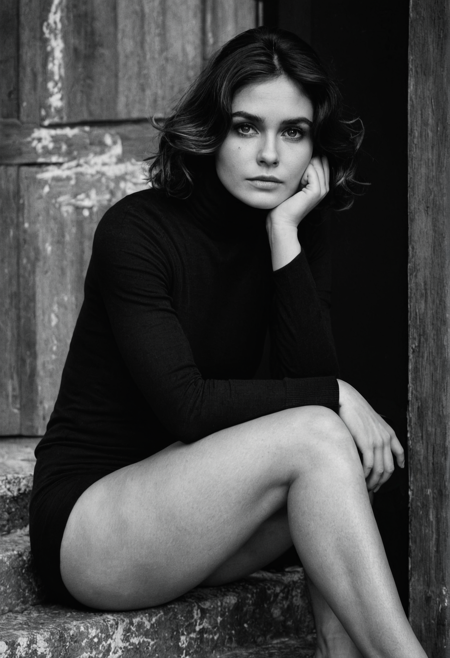 sitting on stairs  in front of old cracked door , (black and white), ((full body)), massive wavy brunette hait, (melancholic),((daydreaming)), unkempt, (wide cheekbones), (round face), (professional magazine cover photo), (skin moles), (skin pores), ,(cinematic), bokeh, curvy 32 years old sturdy semitic woman, , dark primed wall, strong eyebrows, wide cheekbones, big black eyes, cozy tight turtleneck, bare feet