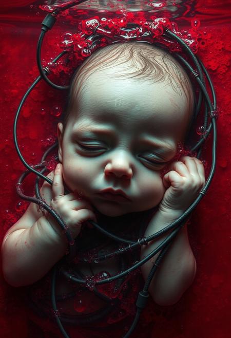 horror  art by  michael whelan and Yoshitaka Amano,underwater art, sleeping baby entangled with wires and cables and submerged in bubbling red liquid, with detailed face and perfect eyes, cyberpunk, under Tyndall light effect, Light caustics, dark and grim and gloomy